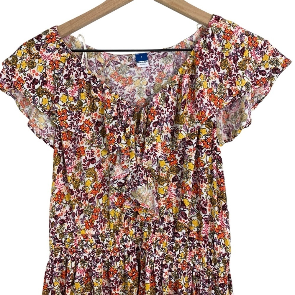Old Navy Womens Blouse Size Small Ditzy Floral Smocked Waist Ruffle Boho Peasant - Picture 2 of 12